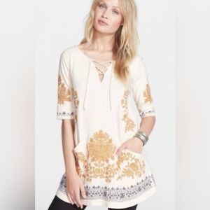 Free People White and Gold embroidered tunic